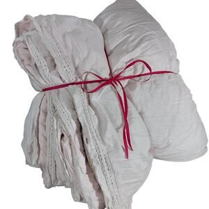 SIMPLY SHABBY CHIC! PALE PINK LINEN/COTTON, HAND CROCHETED TRIM COMFORTER! FL/QN